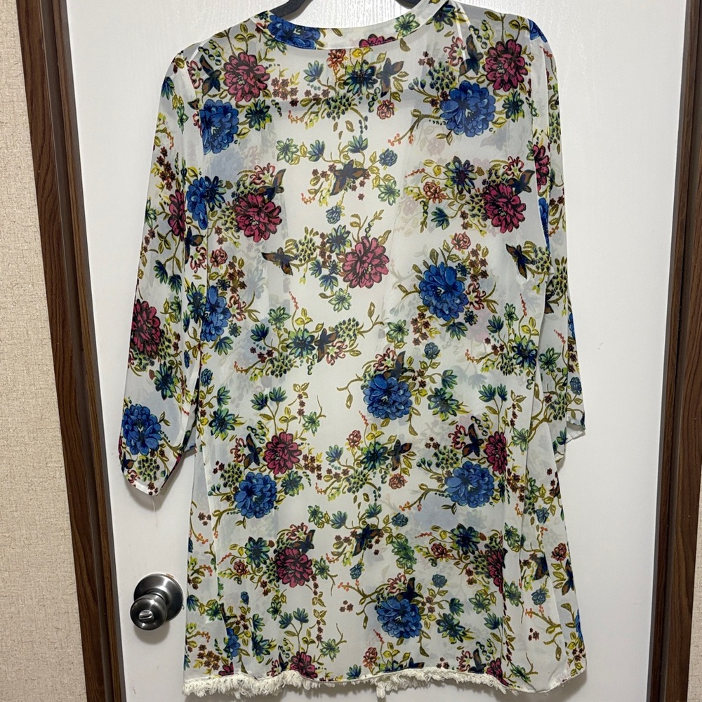 Skies Are Blue Floral Kimono Cardigan Medium Boho Sheer Fringe Hem Festival - Picture 2 of 14